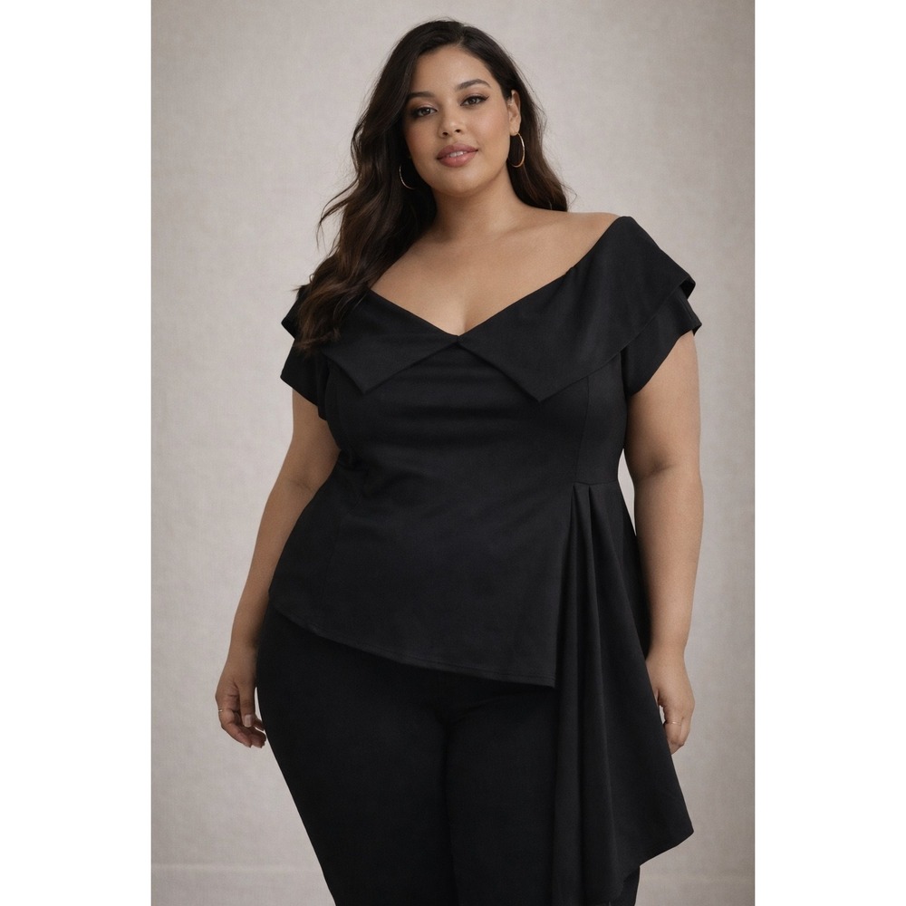 Ashley Stewart Black Off Shoulder Asymmetrical Drape Top Plus Size 26/28